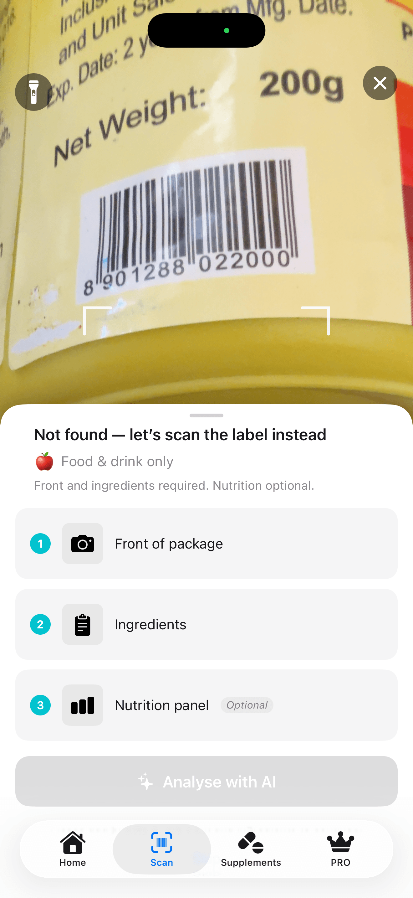 Arovya's product-not-found screen offering AI label scanning as a fallback