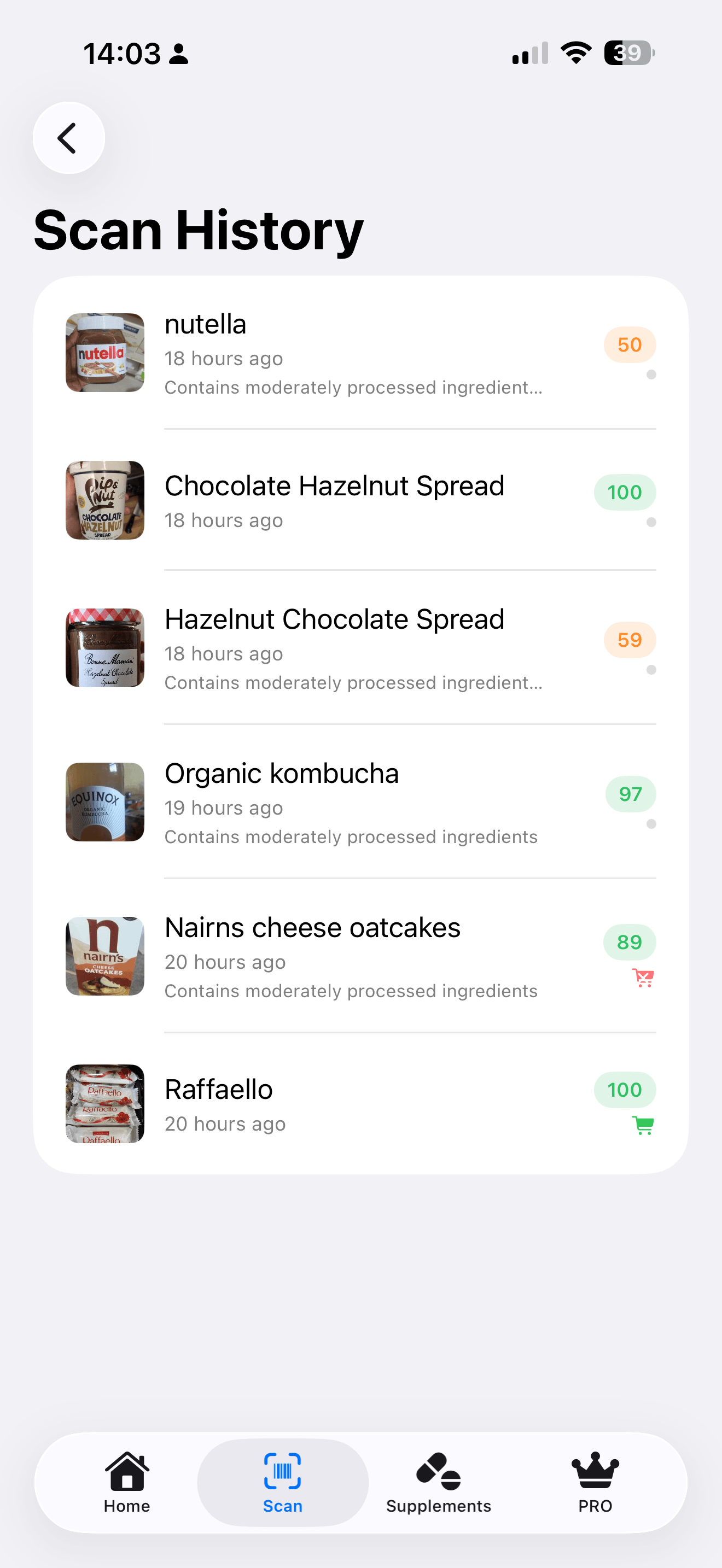 Arovya scan history with cart icons indicating which products were bought