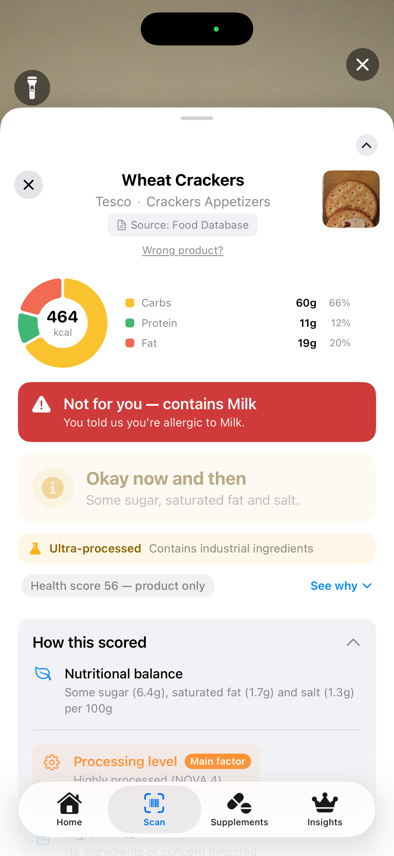 Arovya scan result warning that a product is not suitable because it contains an allergen the user avoids
