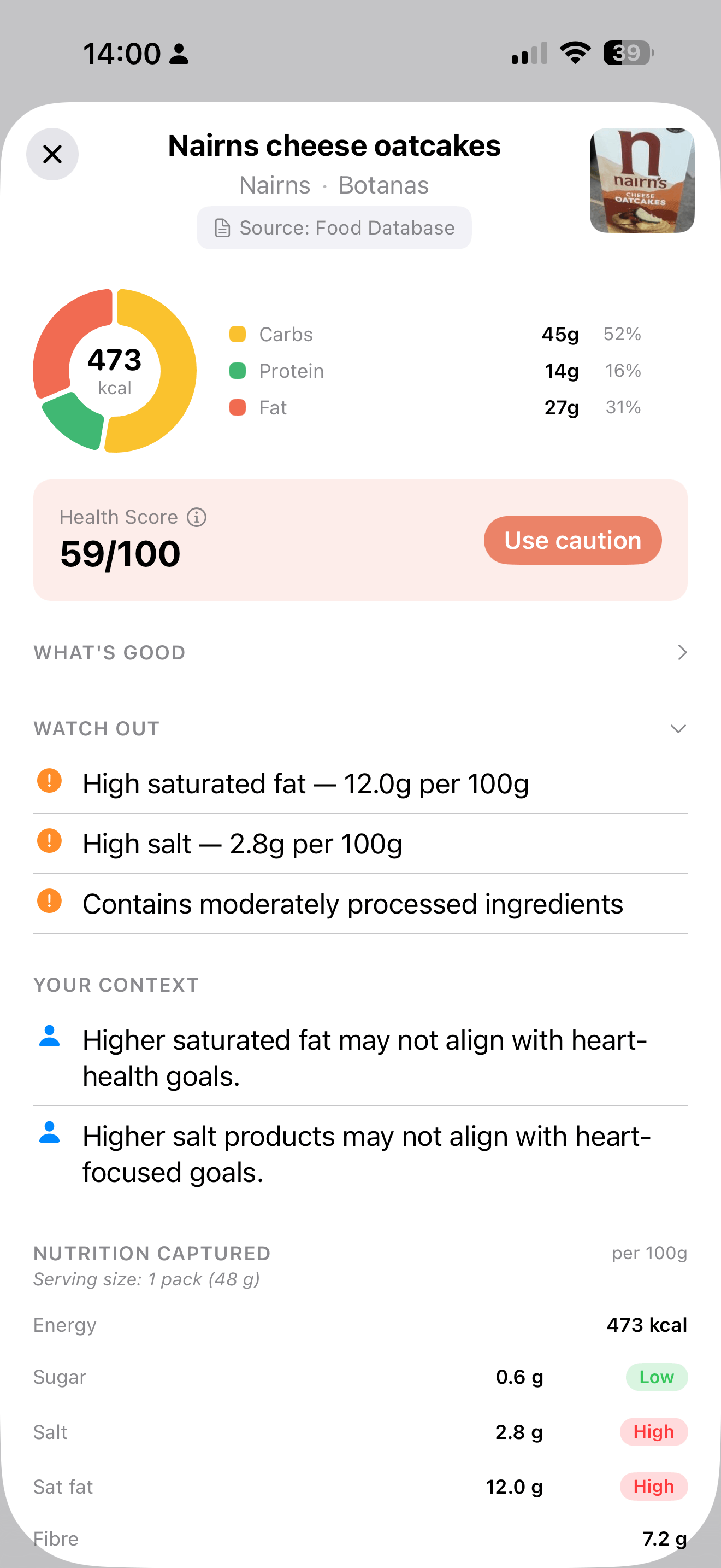 Arovya scan result showing a food product with health score, ingredients, and nutrition information